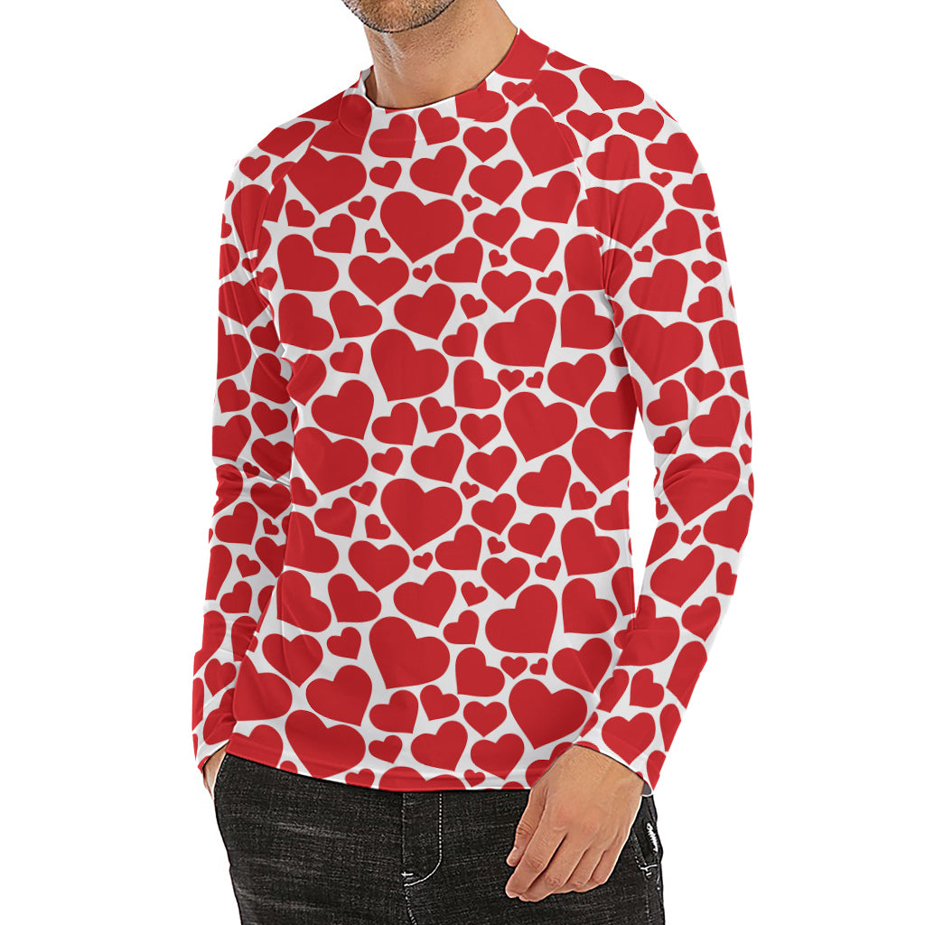 Red And White Heart Pattern Print Men's Long Sleeve Rash Guard