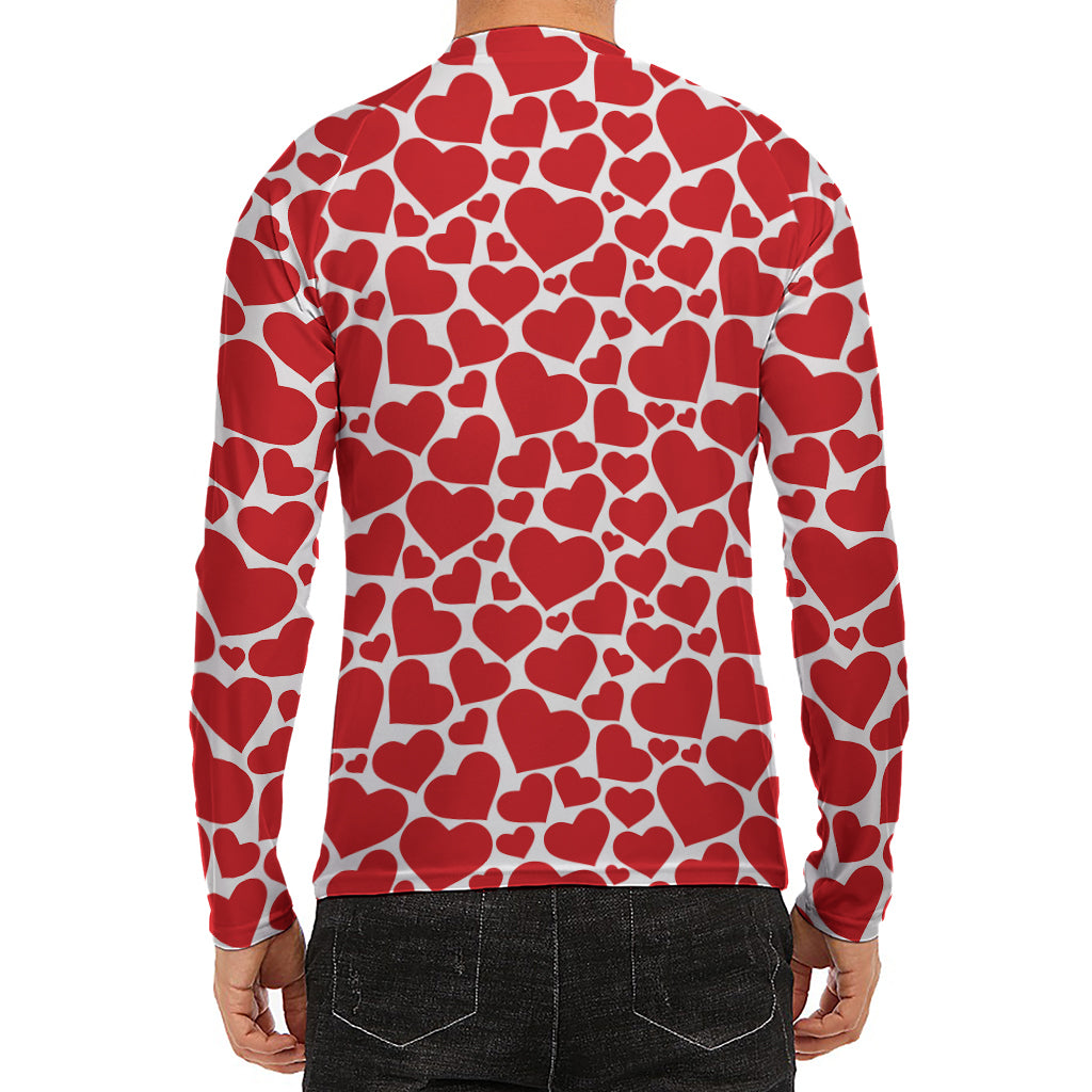 Red And White Heart Pattern Print Men's Long Sleeve Rash Guard