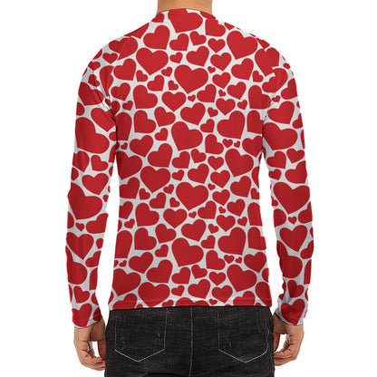 Red And White Heart Pattern Print Men's Long Sleeve Rash Guard