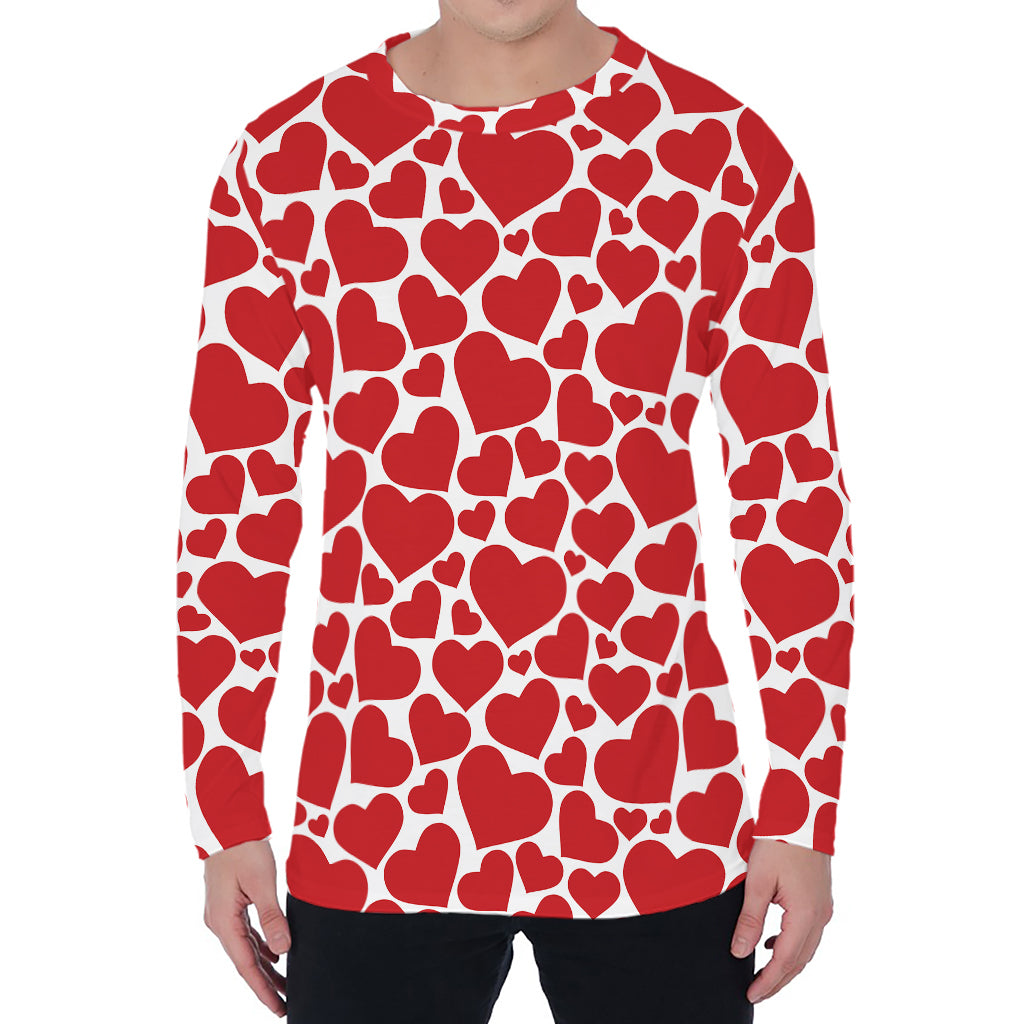 Red And White Heart Pattern Print Men's Long Sleeve T-Shirt