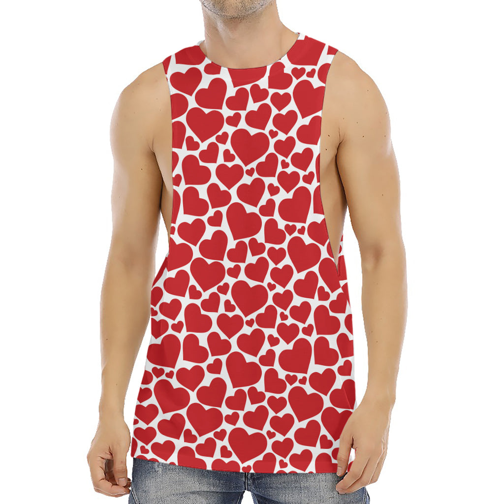 Red And White Heart Pattern Print Men's Muscle Tank Top
