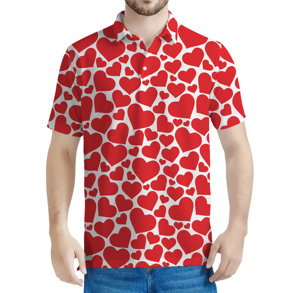 Red And White Heart Pattern Print Men's Polo Shirt