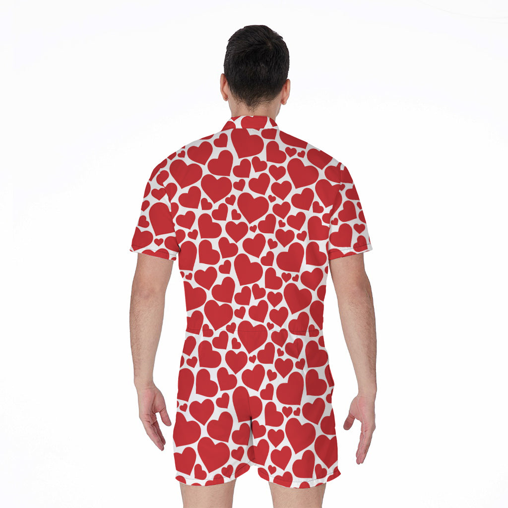 Red And White Heart Pattern Print Men's Rompers