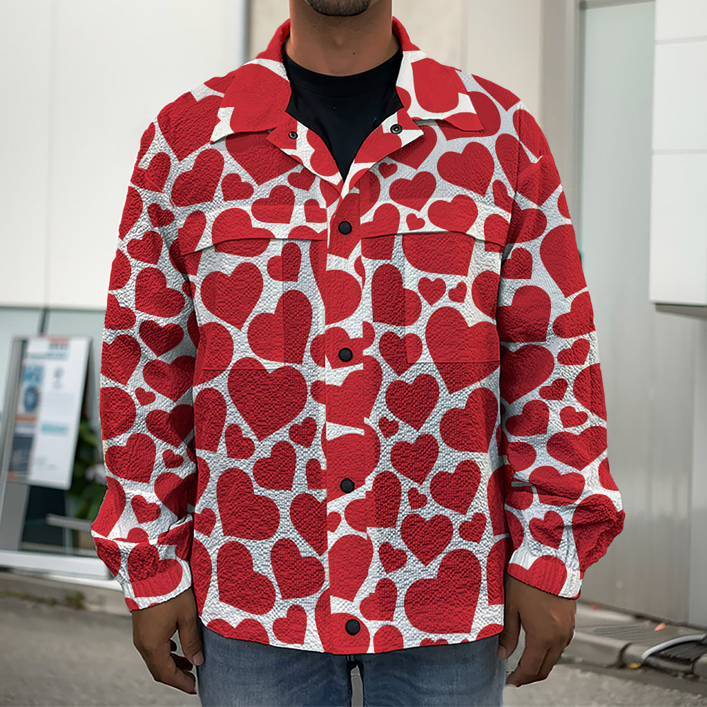 Red And White Heart Pattern Print Men's Shirt Jacket