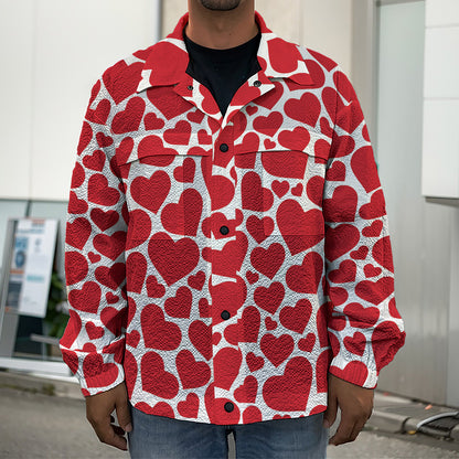 Red And White Heart Pattern Print Men's Shirt Jacket