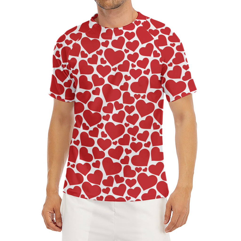 Red And White Heart Pattern Print Men's Short Sleeve Rash Guard