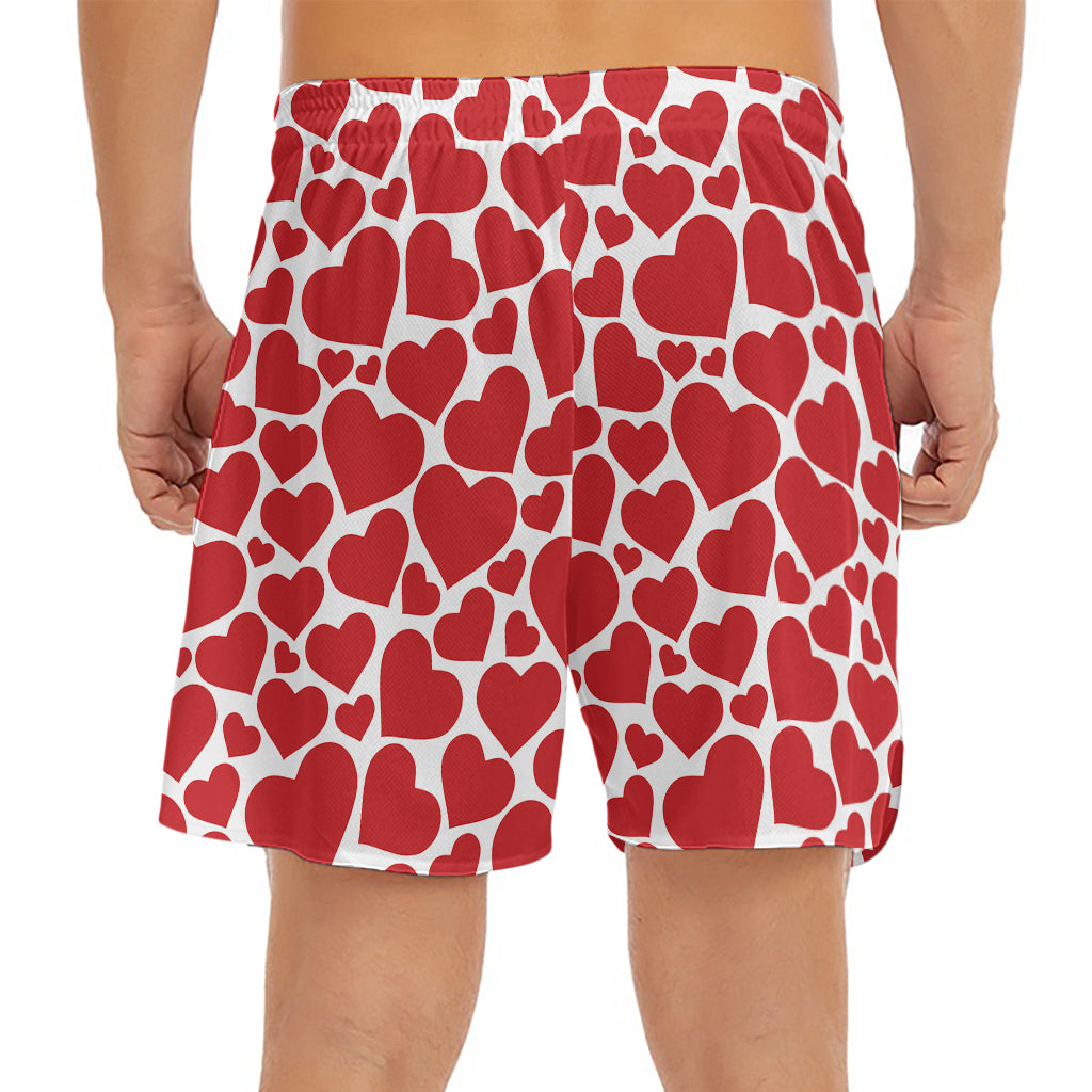Red And White Heart Pattern Print Men's Split Running Shorts