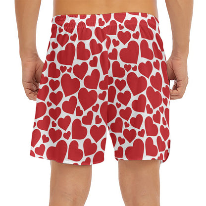 Red And White Heart Pattern Print Men's Split Running Shorts