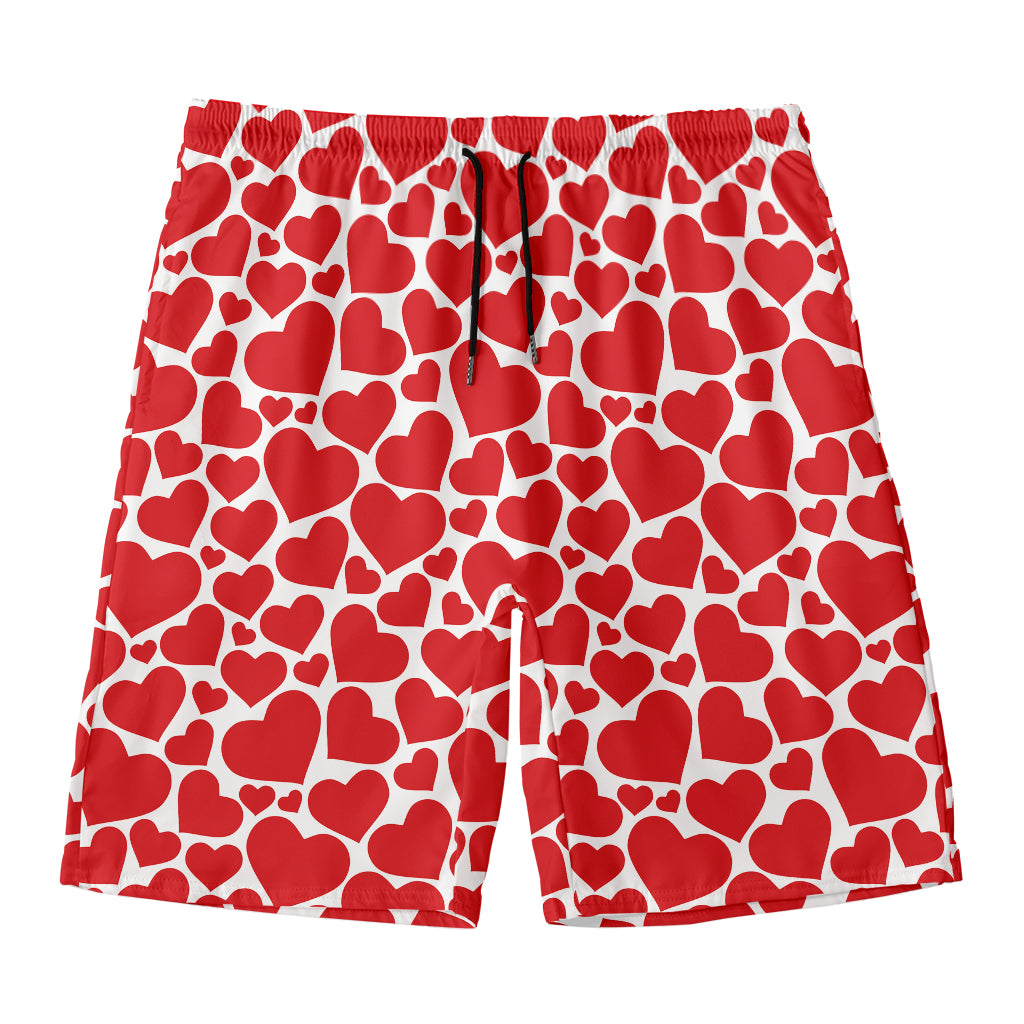 Red And White Heart Pattern Print Men's Swim Trunks