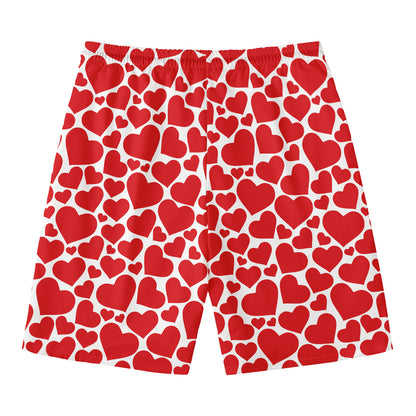 Red And White Heart Pattern Print Men's Swim Trunks