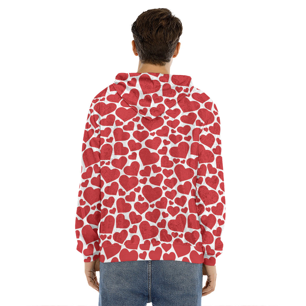 Red And White Heart Pattern Print Men's Velvet Pullover Hoodie