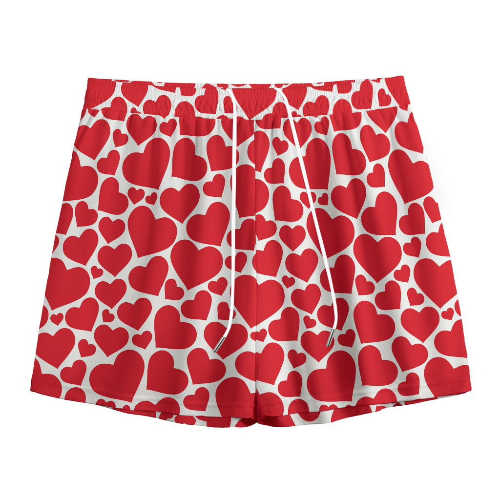 Red And White Heart Pattern Print Mesh Shorts