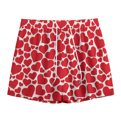 Red And White Heart Pattern Print Mesh Shorts