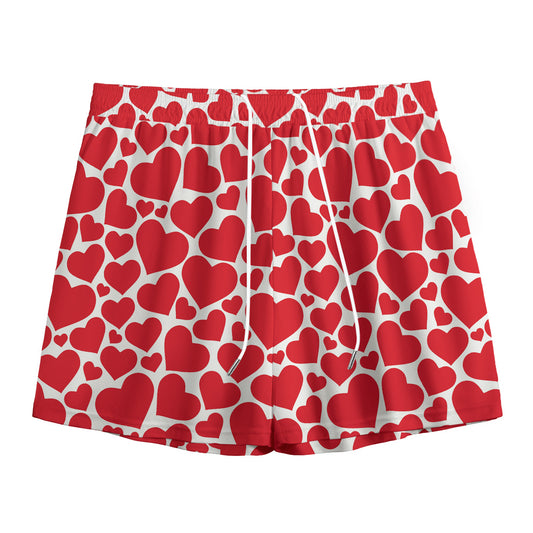 Red And White Heart Pattern Print Mesh Shorts
