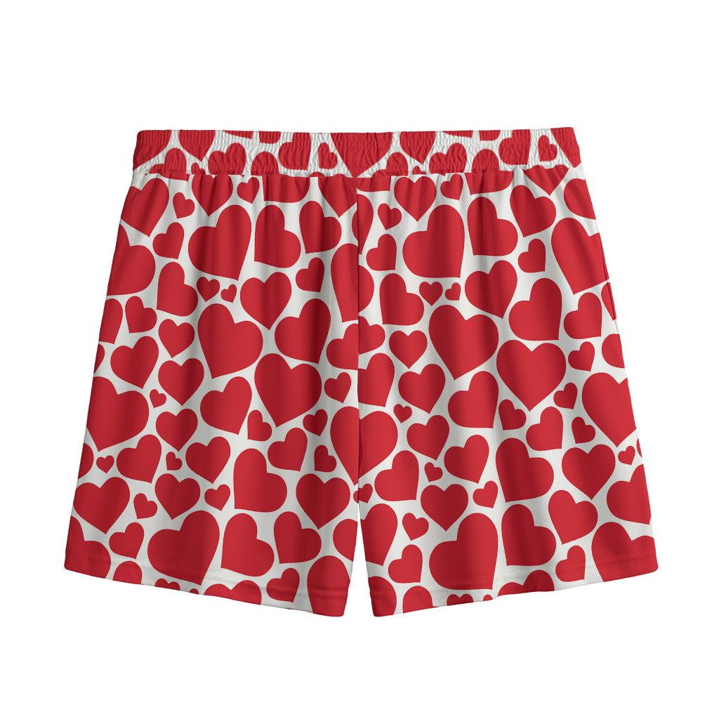 Red And White Heart Pattern Print Mesh Shorts