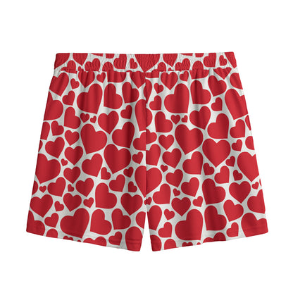 Red And White Heart Pattern Print Mesh Shorts