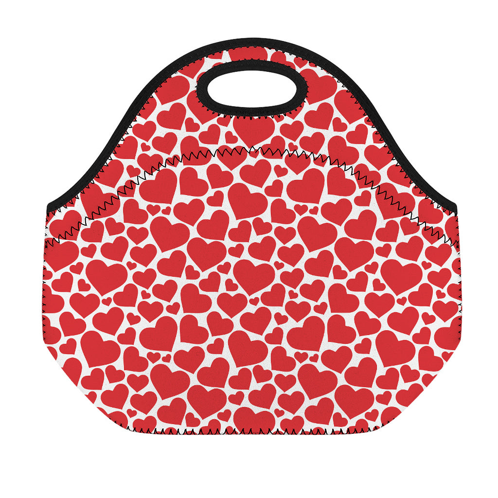Red And White Heart Pattern Print Neoprene Lunch Bag