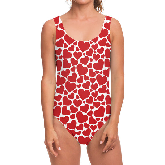 Red And White Heart Pattern Print One Piece Swimsuit