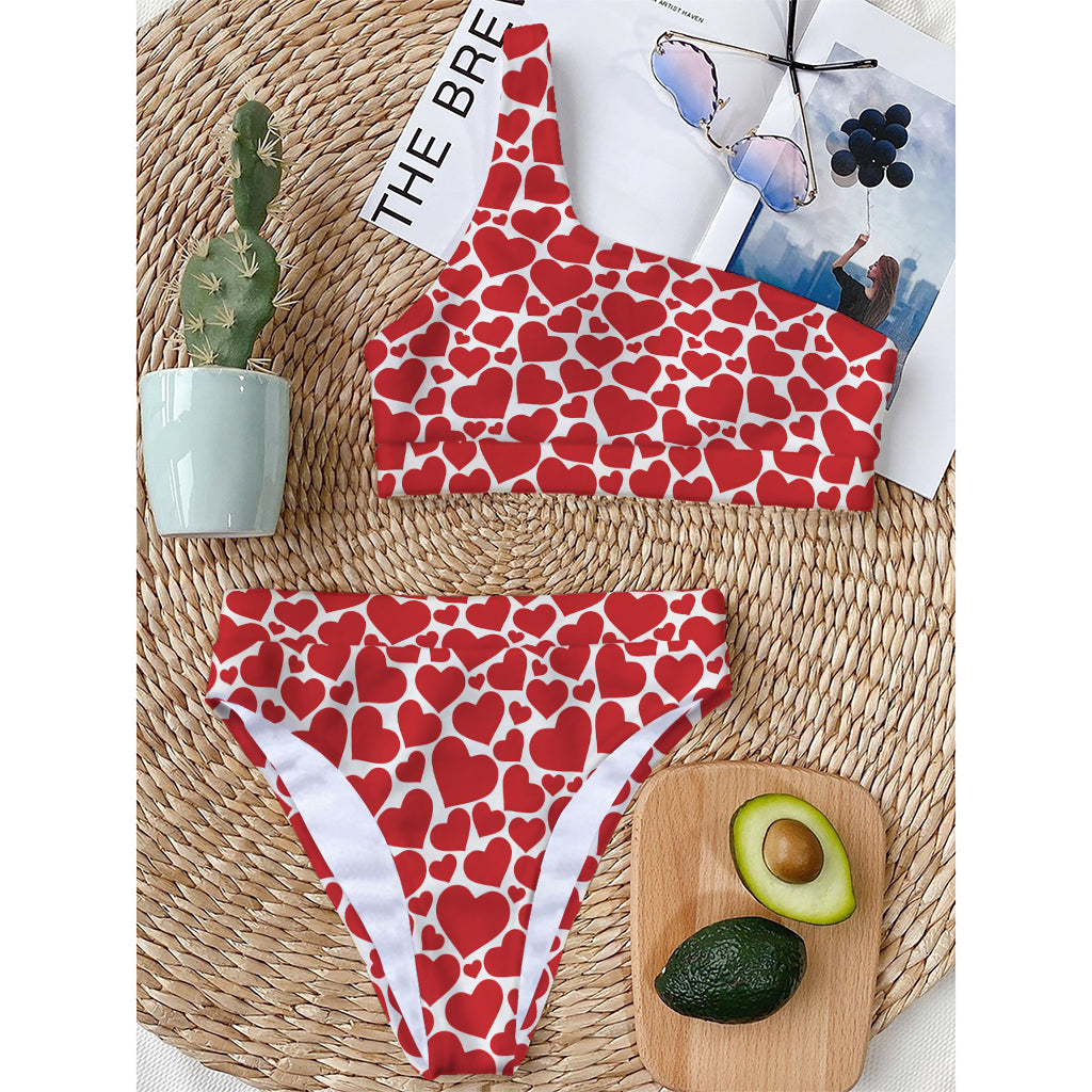 Red And White Heart Pattern Print One Shoulder Bikini Top