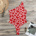 Red And White Heart Pattern Print One Shoulder Bodysuit