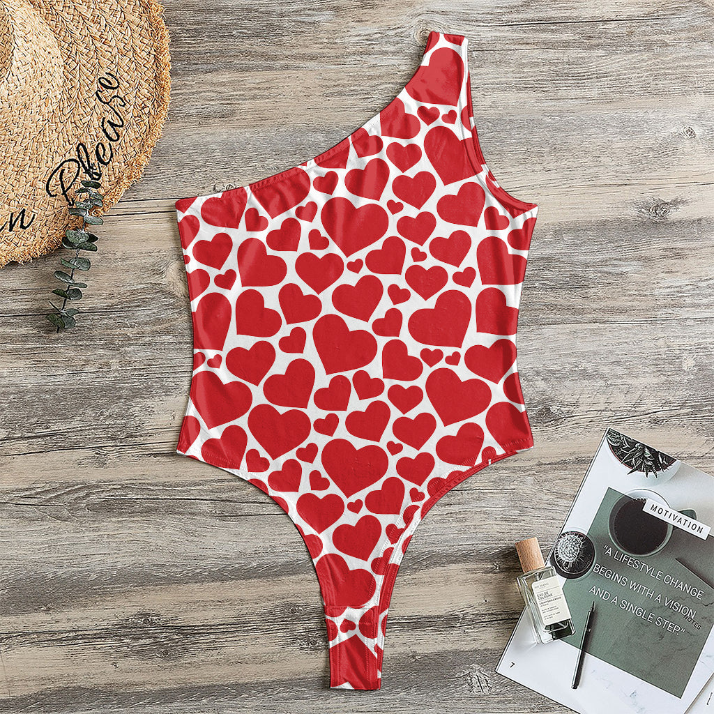 Red And White Heart Pattern Print One Shoulder Bodysuit
