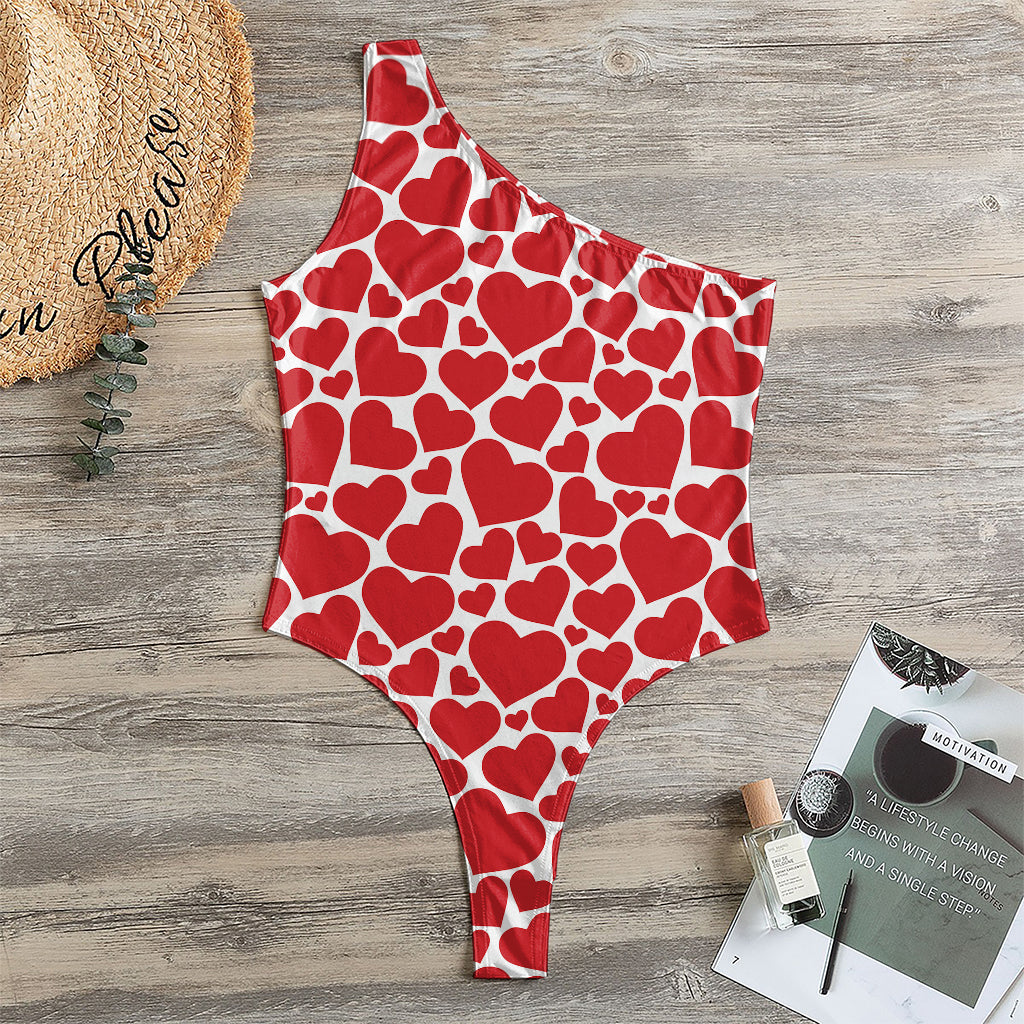 Red And White Heart Pattern Print One Shoulder Bodysuit