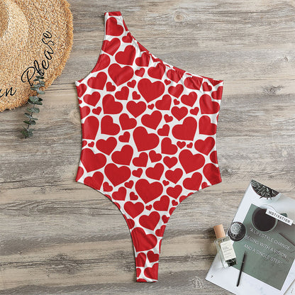 Red And White Heart Pattern Print One Shoulder Bodysuit