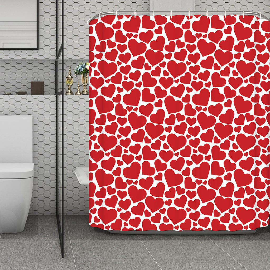 Red And White Heart Pattern Print Polyester Shower Curtain