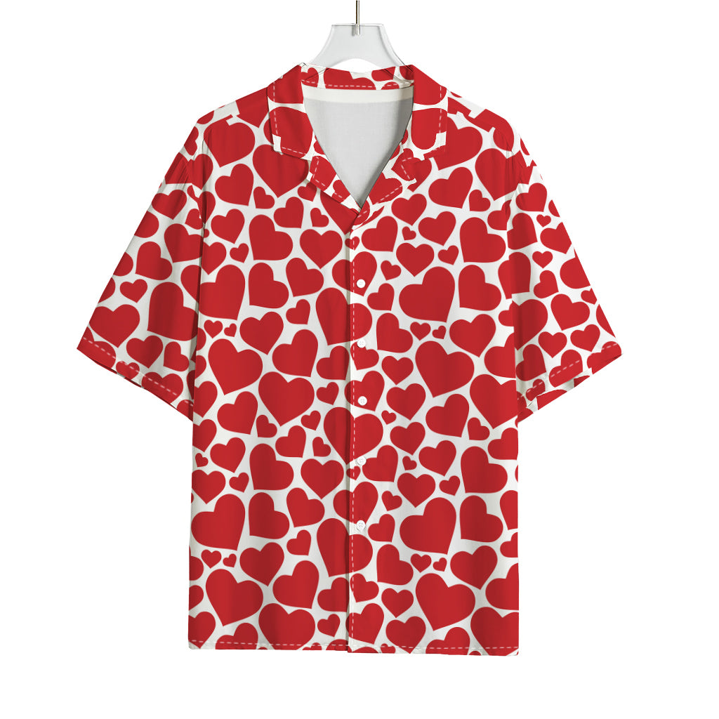 Red And White Heart Pattern Print Rayon Hawaiian Shirt