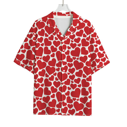 Red And White Heart Pattern Print Rayon Hawaiian Shirt