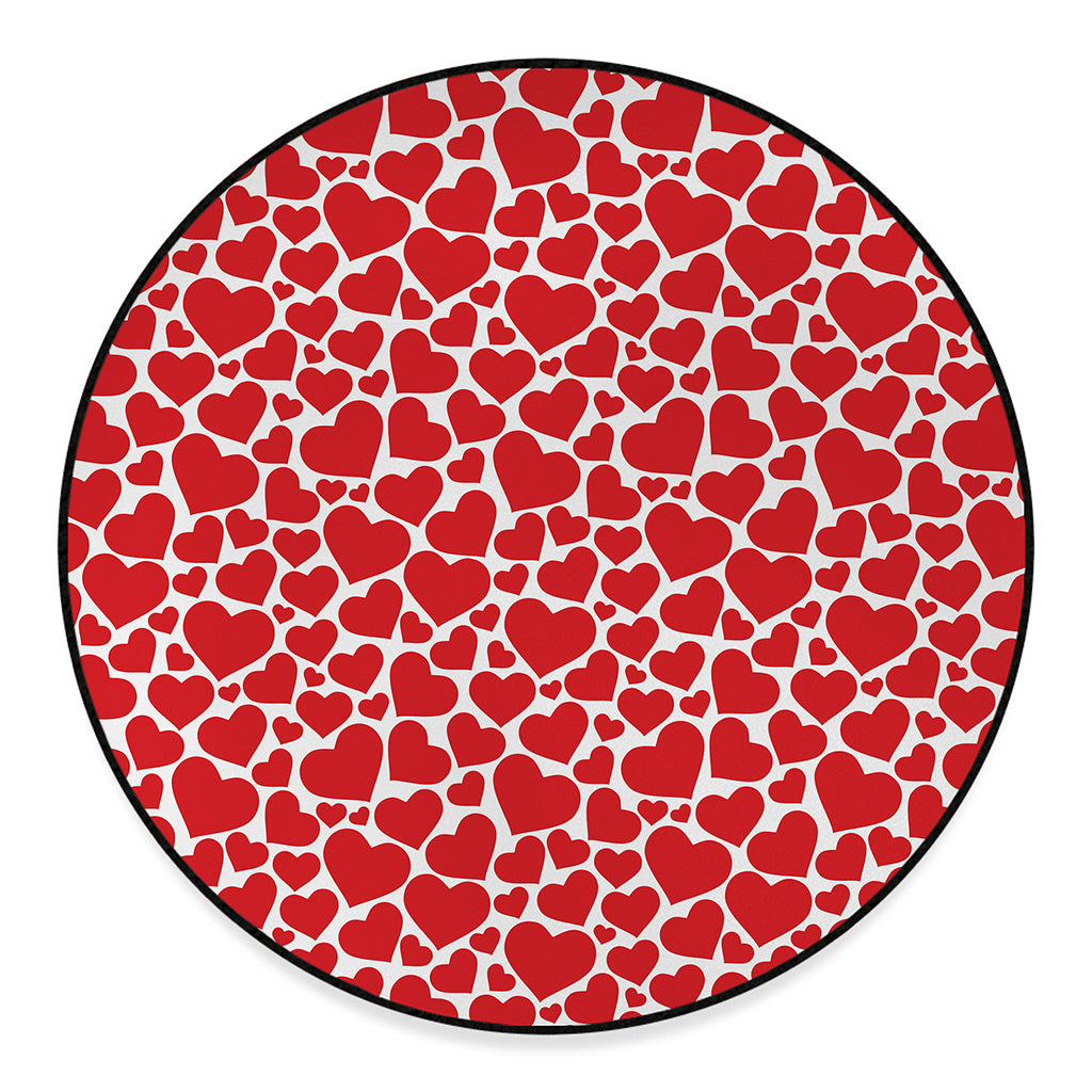 Red And White Heart Pattern Print Round Floor Mat