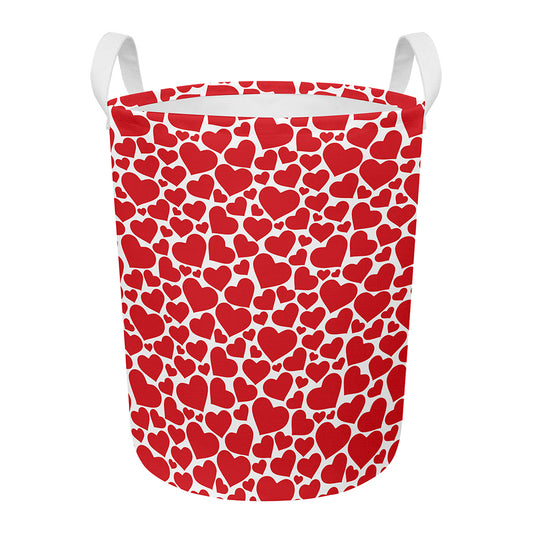 Red And White Heart Pattern Print Round Laundry Basket