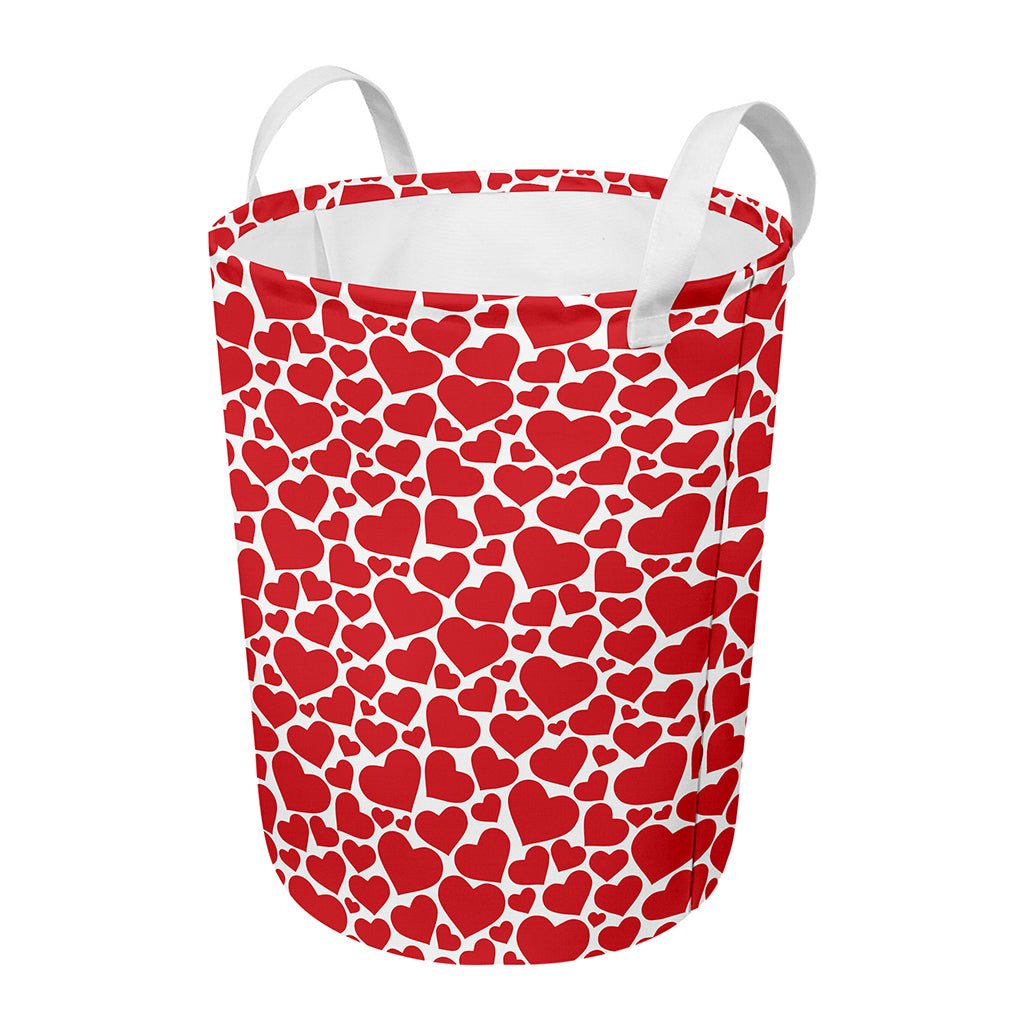 Red And White Heart Pattern Print Round Laundry Basket