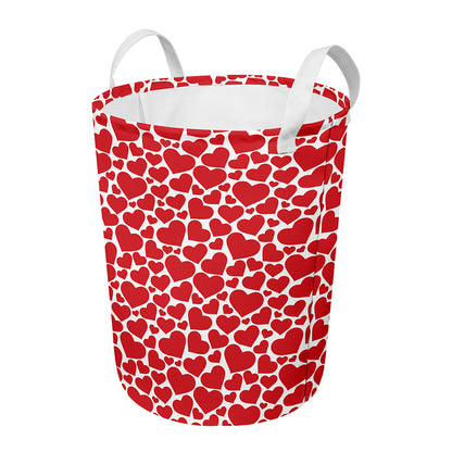 Red And White Heart Pattern Print Round Laundry Basket