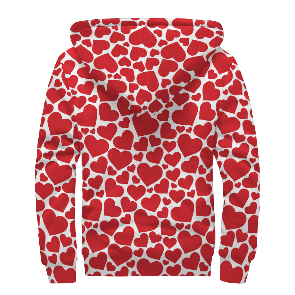 Red And White Heart Pattern Print Sherpa Lined Zip Up Hoodie