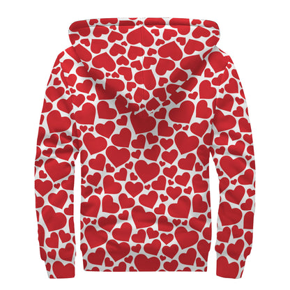Red And White Heart Pattern Print Sherpa Lined Zip Up Hoodie