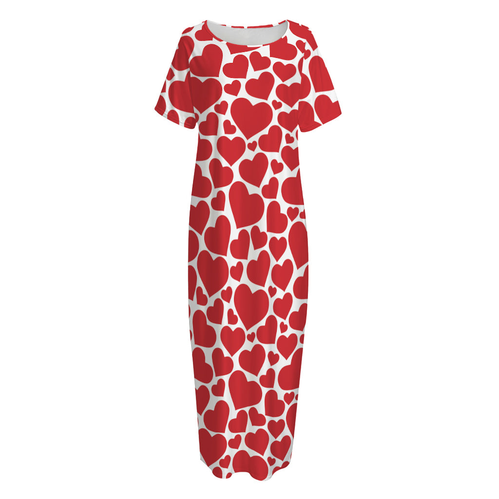Red And White Heart Pattern Print Short Sleeve Long Nightdress