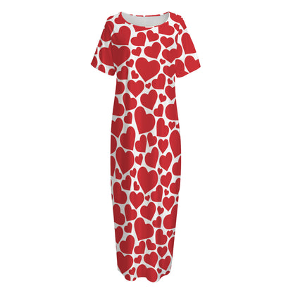 Red And White Heart Pattern Print Short Sleeve Long Nightdress