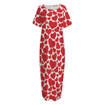 Red And White Heart Pattern Print Short Sleeve Long Nightdress