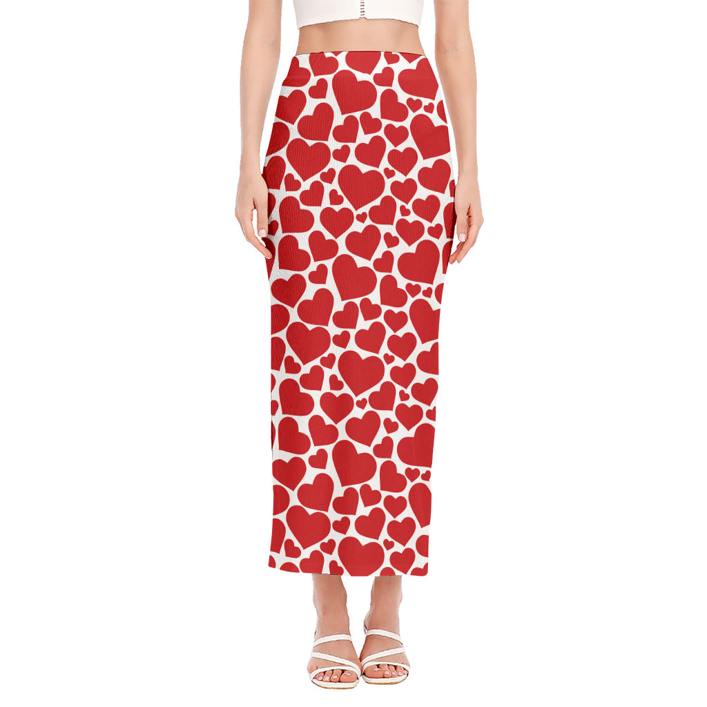 Red And White Heart Pattern Print Side Slit Maxi Skirt