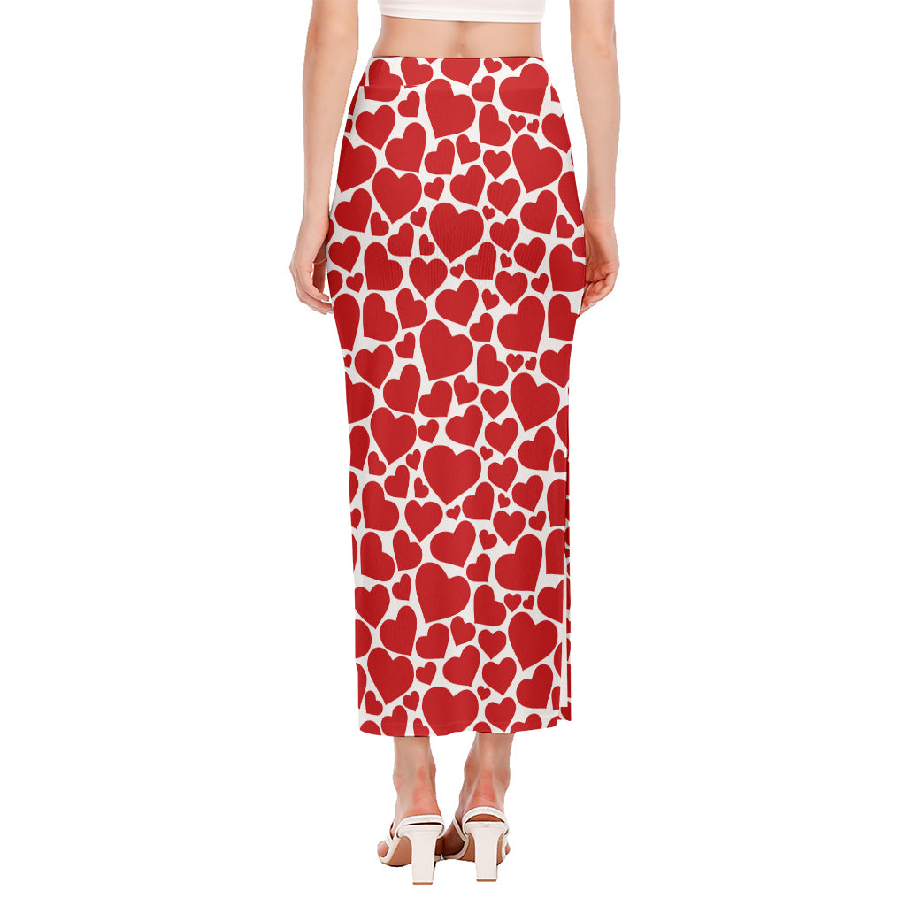 Red And White Heart Pattern Print Side Slit Maxi Skirt