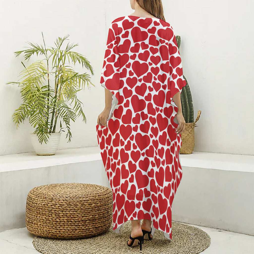 Red And White Heart Pattern Print Silk V-Neck Kaftan Dress