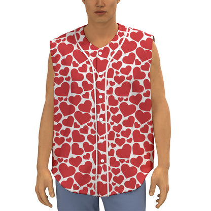Red And White Heart Pattern Print Sleeveless Baseball Jersey