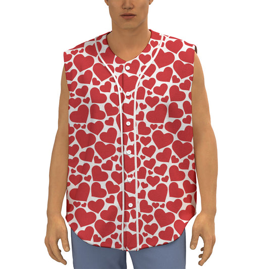 Red And White Heart Pattern Print Sleeveless Baseball Jersey