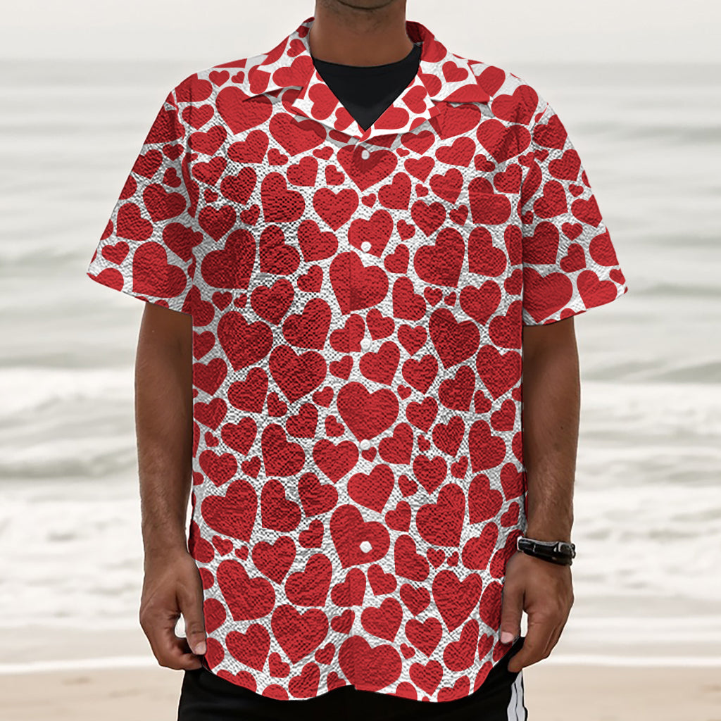 Red And White Heart Pattern Print Textured Short Sleeve Shirt