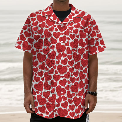Red And White Heart Pattern Print Textured Short Sleeve Shirt