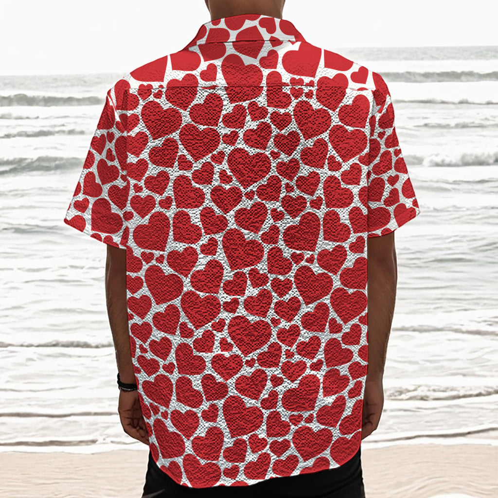 Red And White Heart Pattern Print Textured Short Sleeve Shirt