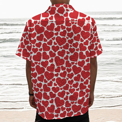 Red And White Heart Pattern Print Textured Short Sleeve Shirt