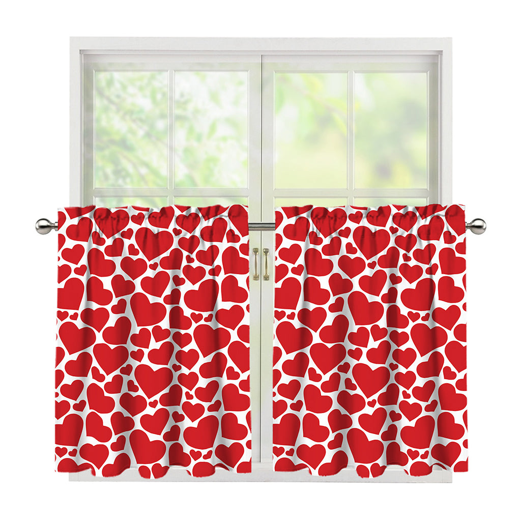 Red And White Heart Pattern Print Tier Curtains