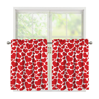Red And White Heart Pattern Print Tier Curtains